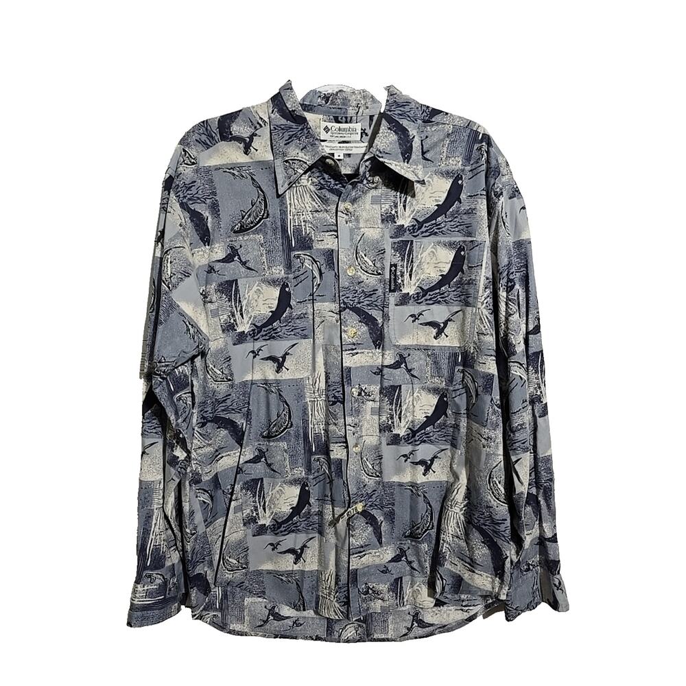 Columbia Blue Fish All Over Print Long Sleeve Button Down Shirt Mens Size Medium